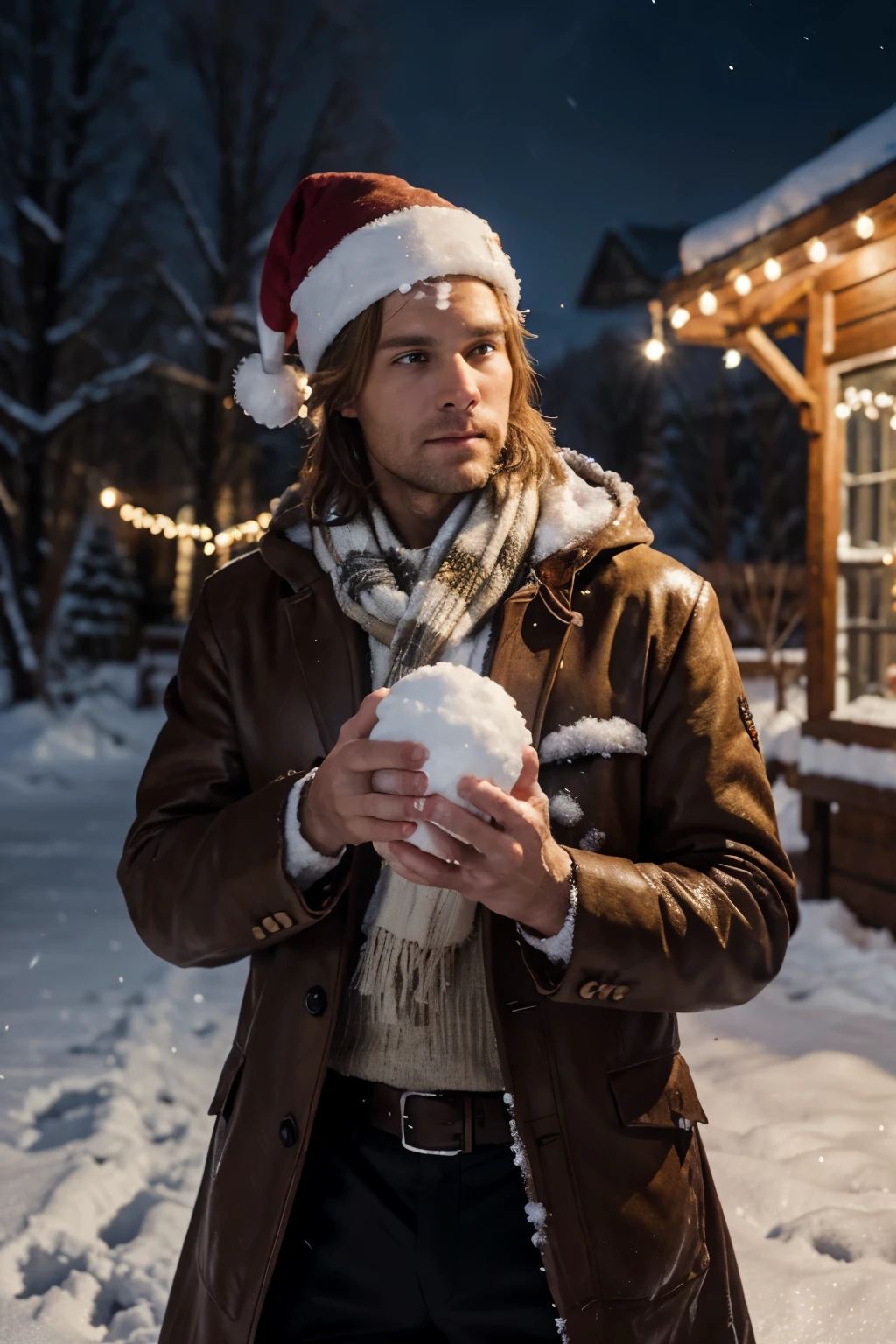 male christmas elff aiming a snowball at night, portrait, style of an oil paining, 8k