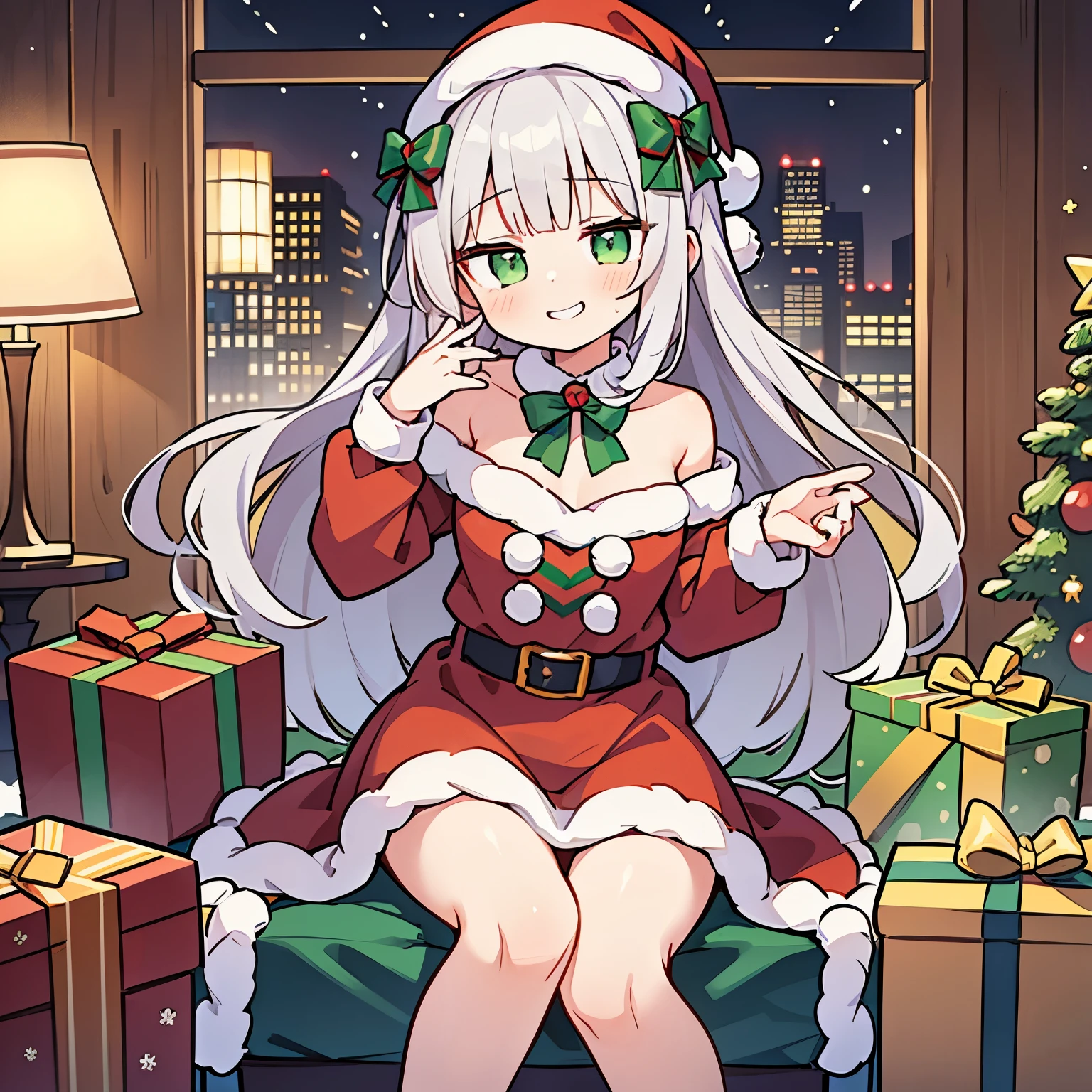 ((Masterpiece)), (1girl), (short stature), (sitting on the Christmas chair), (Wearing a cute Santa costume), (Cute Pose), ((cute teenage young girl)), (very blunt bangs), (loose curls hair), (breasts length hair), high details of pale silver hair, (very grin face), brilliant green eyes, ((drooping eyes)), (very cute), (small breasts), slender waist, (warm happy room), snowy, Offering a gift of some kind, Disturbing gift, (Ejecting a gift box), ((ChristmasTheme)), cityscape