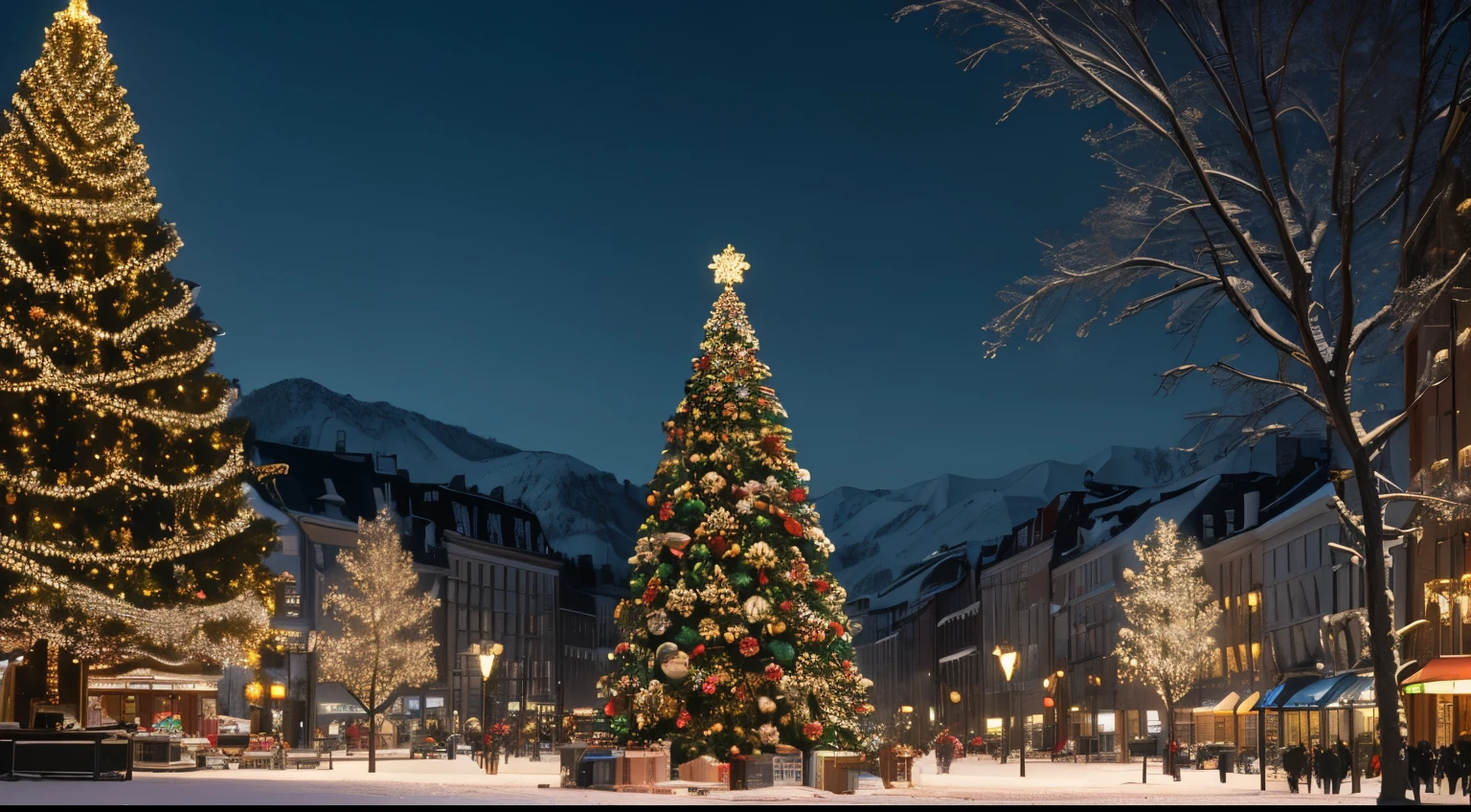 (best quality, highres, detailed:1.2), realistic, photo-realistic:1.37, ultra-detailed, vivid colors, bokeh, sharp focus, HDR, wide angle, Christmas night, snowy evening, decorated Christmas tree, large park, bustling square, bustling people, illuminated buildings, joyful atmosphere