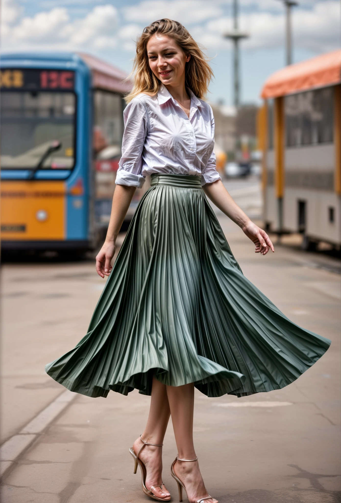 35mm f1.4 Kodak portra 400 photograph, extremely high quality RAW photograph, a woman is playing with her skirt on space station, (shy) authentic (kind and tender) lesbian woman wearing a short blazer with a very very detailed (long (fully pleated) full circle skirt) and () low heeled office shoes, very very intricate hyper-detailed symmetric (attractive graceful young feminine face) with (sad, tired) eyes and a (flirty smile:1.2), full of empathy and compassion and love, (pronounced feminine features:1,3), (big boobs, large breast), (no shirt, no bra), (highly detailed ultra accurate realistic) hands and fingers, ((windy conditions and wind blowing)), epic composition, highly detailed attributes, highly detailed atmosphere, detailed background, intricate, Exquisite details and textures, highly detailed, deep space station secret operations active background