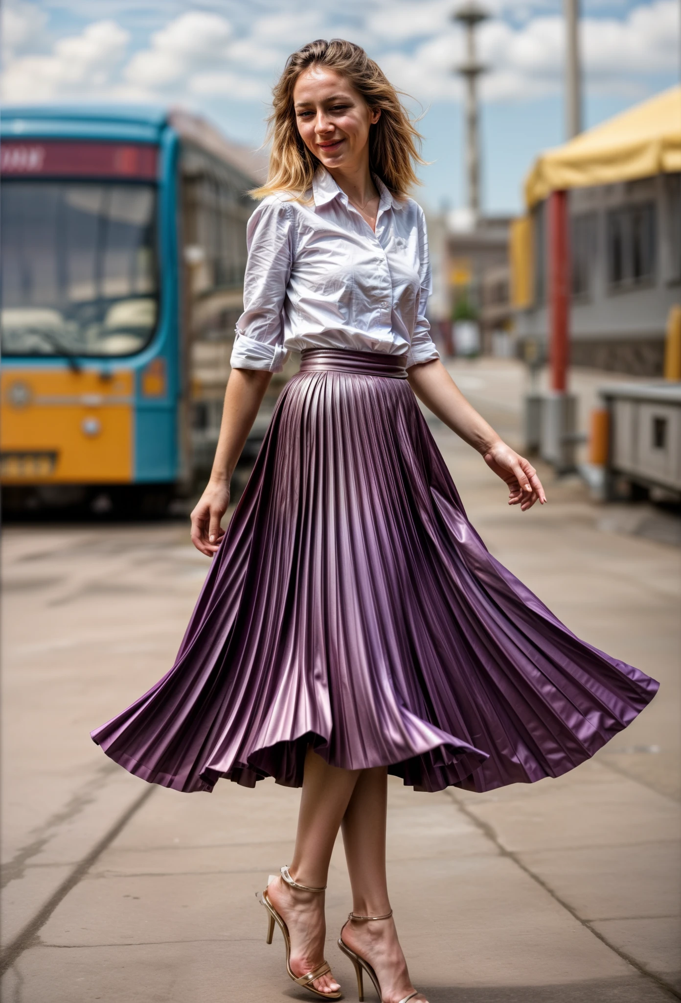 35mm f1.4 Kodak portra 400 photograph, extremely high quality RAW photograph, a woman is playing with her skirt on space station, (shy) authentic (kind and tender) lesbian woman wearing a short blazer with a very very detailed (long (fully pleated) full circle skirt) and () low heeled office shoes, very very intricate hyper-detailed symmetric (attractive graceful young feminine face) with (sad, tired) eyes and a (flirty smile:1.2), full of empathy and compassion and love, (pronounced feminine features:1,3), (big boobs, large breast), (no shirt, no bra), (highly detailed ultra accurate realistic) hands and fingers, ((windy conditions and wind blowing)), epic composition, highly detailed attributes, highly detailed atmosphere, detailed background, intricate, Exquisite details and textures, highly detailed, deep space station secret operations active background
