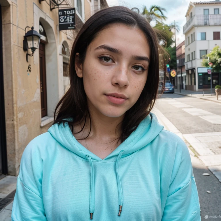 23-year-old hyper-realistic Latin girl with freckles, mood selfie for instagram, Ultra Definition, (photoreallistic: 1.4), 8k, calidad premier, fondos detallados, cara delicada, maquillaje natural, foto raw, iphone, HDR, Coqueteando con el espectador, hoodie