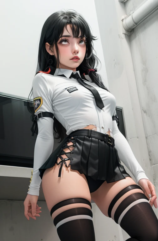 (full figure:1.1), (1 girl as yukino yukinoshita:1.5), highres, solo, big breasts, waist long black hair, (twintails:0.5), (pleated miniskirt:1.2), (black thighhigh socks:1.2), loose red ribbon, (flipping skirt:1.2), (unbuttoned white shirt:1.4), (ahegao:1.5), green eyes, (rolling eyes:1.5), (torn clothes:1.5), naked breastss, spread legs, no panties