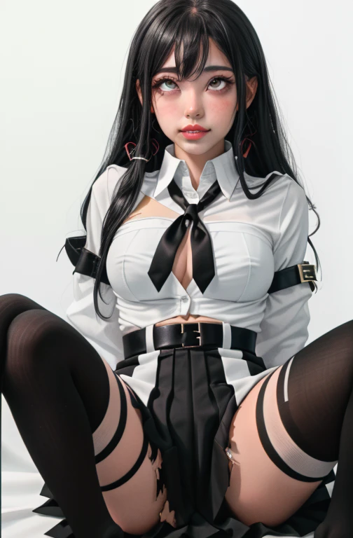 (full figure:1.1), (1 girl as yukino yukinoshita:1.5), highres, solo, big breasts, waist long black hair, (twintails:0.5), (pleated miniskirt:1.2), (black thighhigh socks:1.2), loose red ribbon, (flipping skirt:1.2), (unbuttoned white shirt:1.4), (ahegao:1.5), green eyes, (rolling eyes:1.5), (torn clothes:1.5), naked breastss, spread legs, no panties
