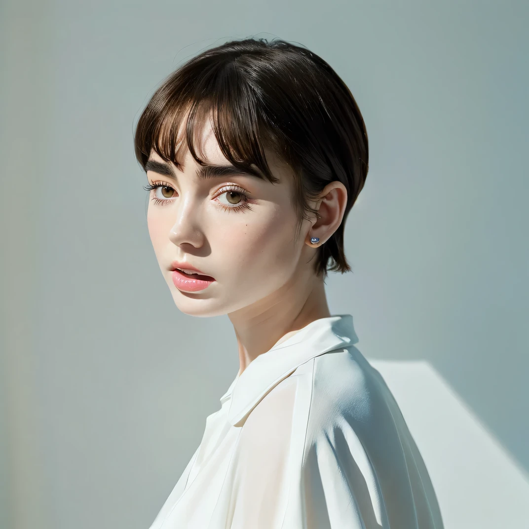 Lily Collins、thick eyebrow、white walls、white shirt、Shorthair、Gloss、shadowy