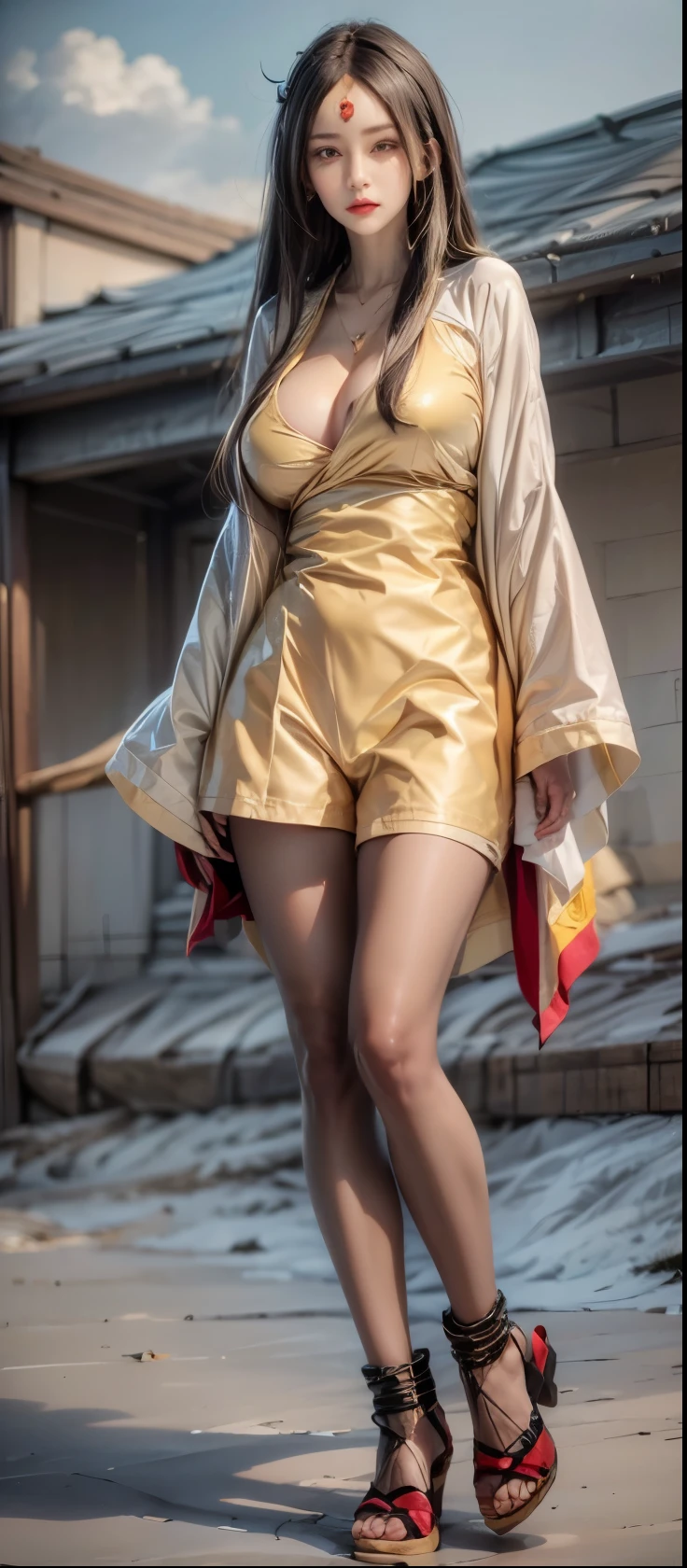 realistic, 1 women, best quality, 12k, HD, long hair, big round breasts, cleavage, ponytail, necklace, jewelry, shorts, short jacket, slim hips, hair tie, yellow eyes, black hair, super detailed, Eye details, hair details, person details, mouth details, face details, breast details, clothes details, hair details, pants details, hand details, whole body