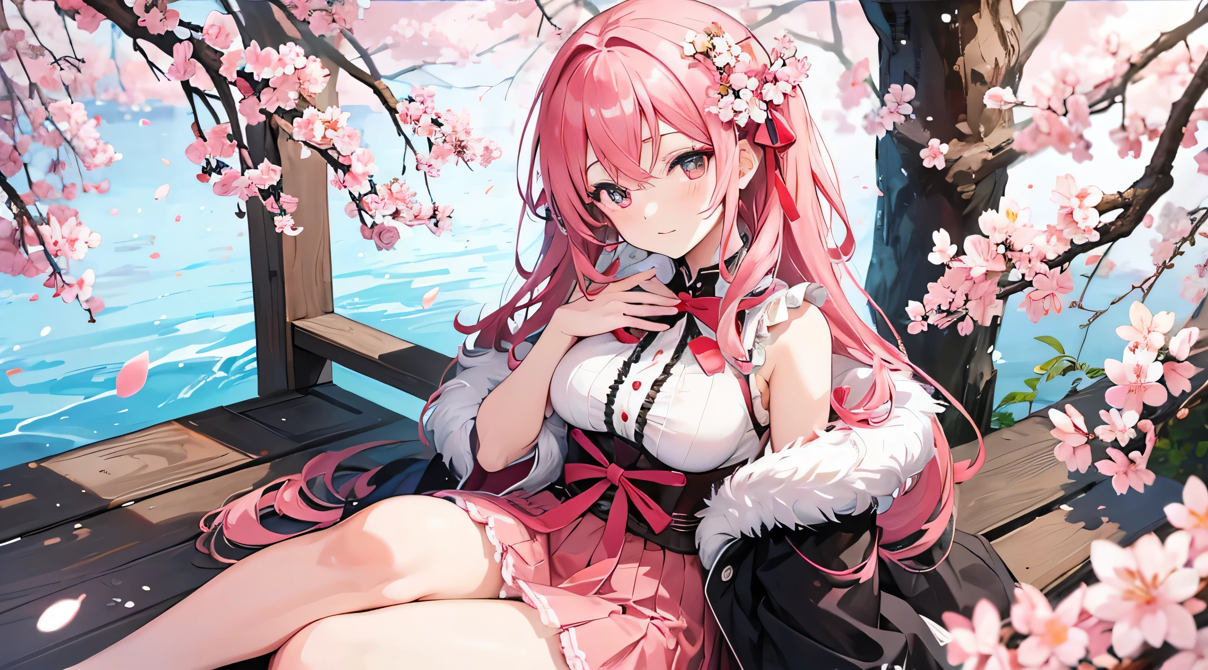 Generate a long flowing pink-haired girl in a vibrant magic academy uniform, she sitting and crying under the white leaf tree.