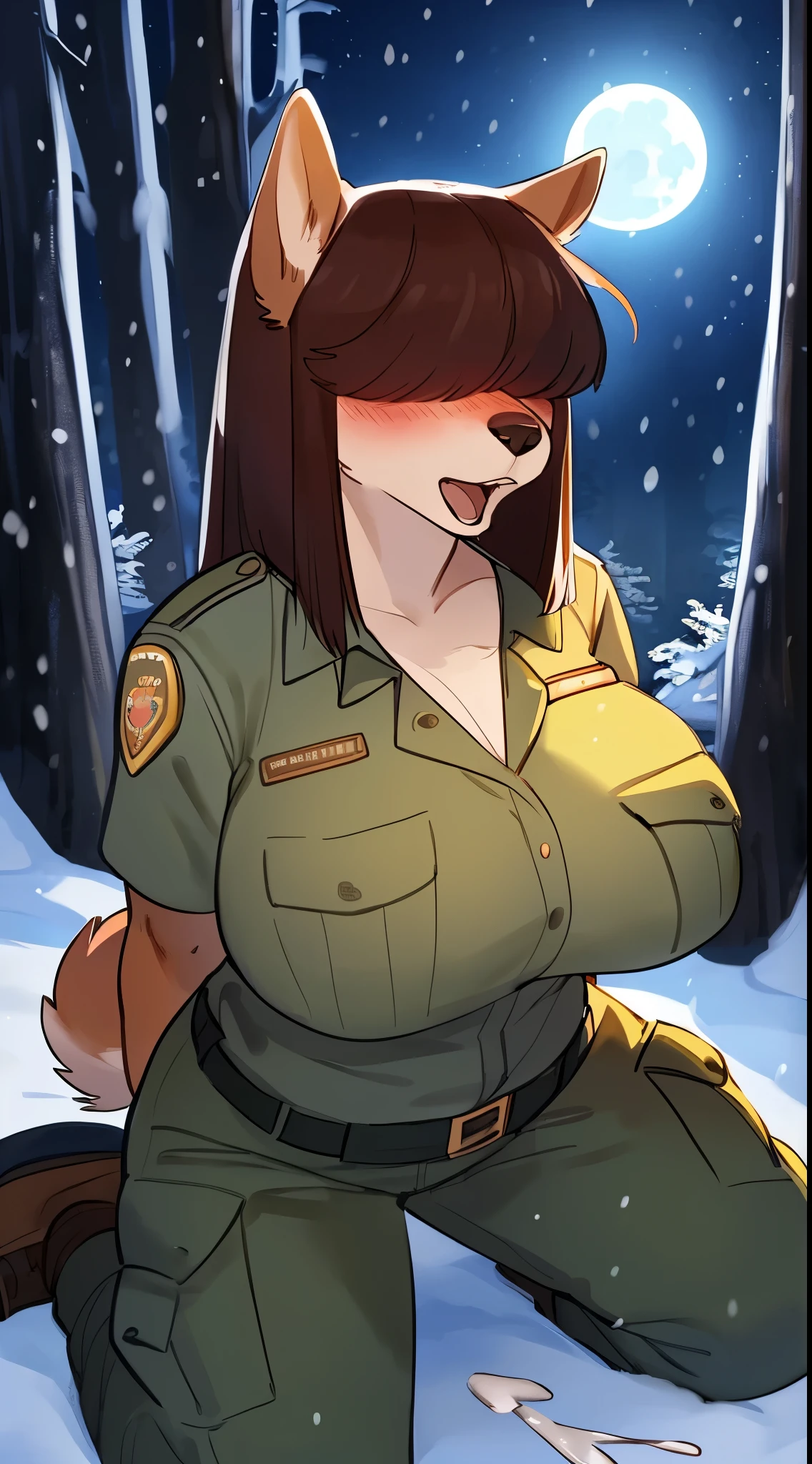 By bebebebebe, by lostgoose, by goonie-san, female, ((canine, snout, hair covering eyes, straight hair, medium hair, flat hair, ears, thin snout)), brown fur, big poofy tail, raised tail, dark maroon hair, (muscular, big breasts), solo, (park ranger uniform, tan uniform, green cargo pants), snow, snowing, night time, moon, forest, (on her knees, looking up at viewer, open mouth, blushing), ((mouth full of cum))