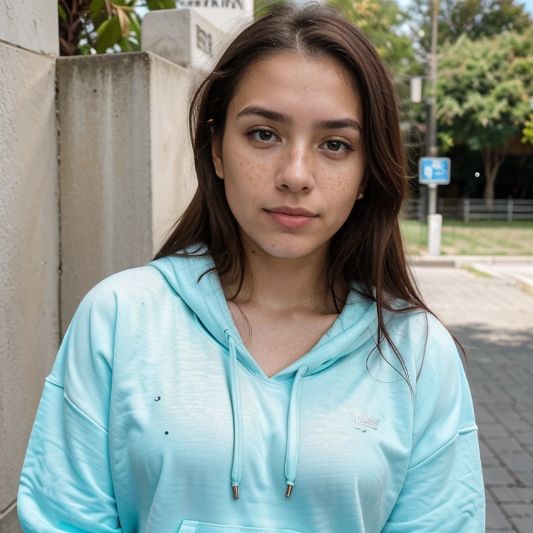 23-year-old hyper-realistic Latin girl with freckles, mood selfie for instagram, Ultra Definition, (photoreallistic: 1.4), 8k, calidad premier, fondos detallados, cara delicada, maquillaje natural, foto raw, iphone, HDR, Coqueteando con el espectador, hoodie