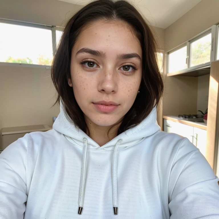 23-year-old hyper-realistic Latin girl with freckles, mood selfie for instagram, Ultra Definition, (photoreallistic: 1.4), 8k, calidad premier, fondos detallados, cara delicada, maquillaje natural, foto raw, iphone, HDR, Coqueteando con el espectador, hoodie