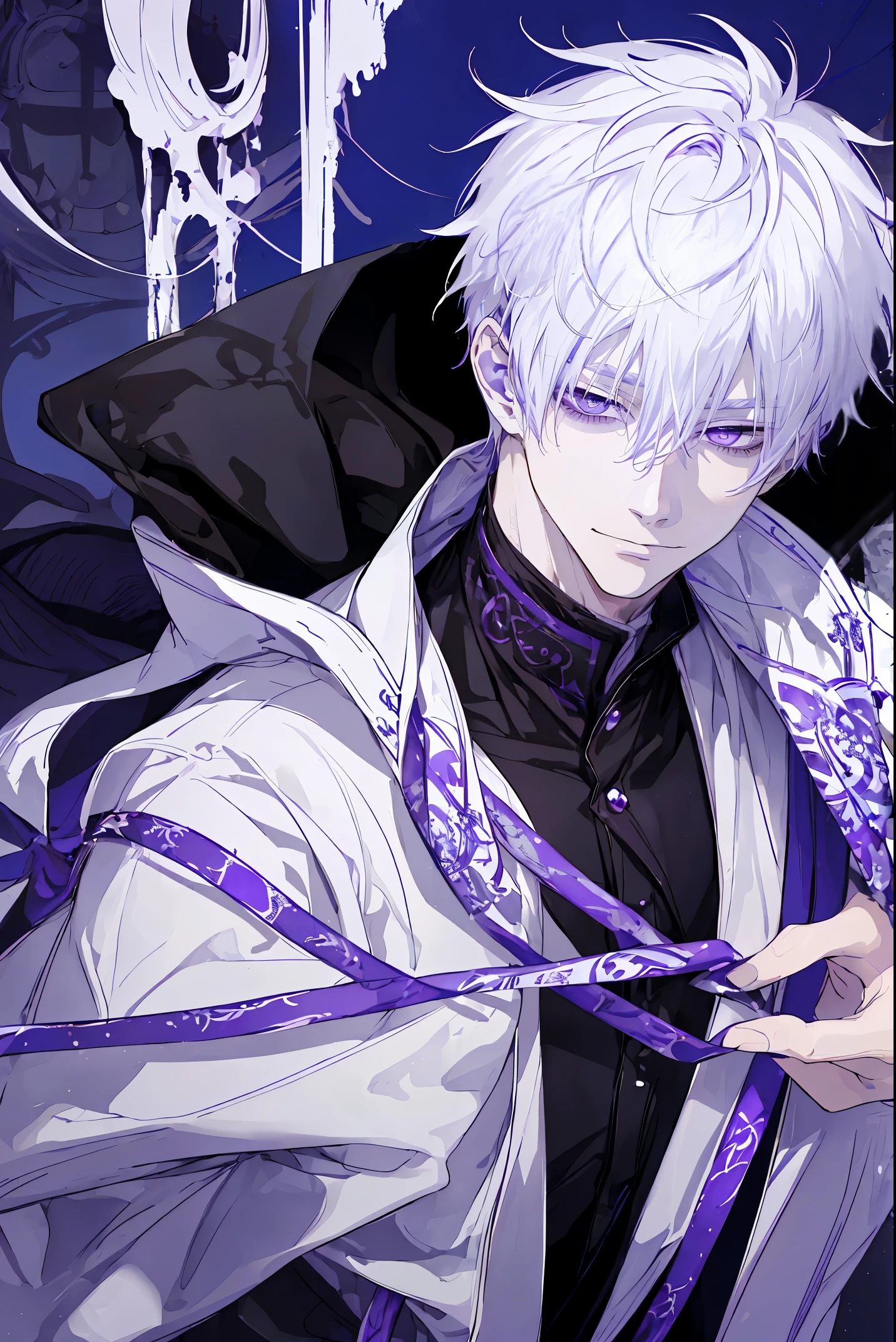 1guy、white haired、purple-white eyes、maniacal smile、Short Messy Hair、Portrait 、a handsome, black cloak, I can&#39;I can&#39;t see my hand