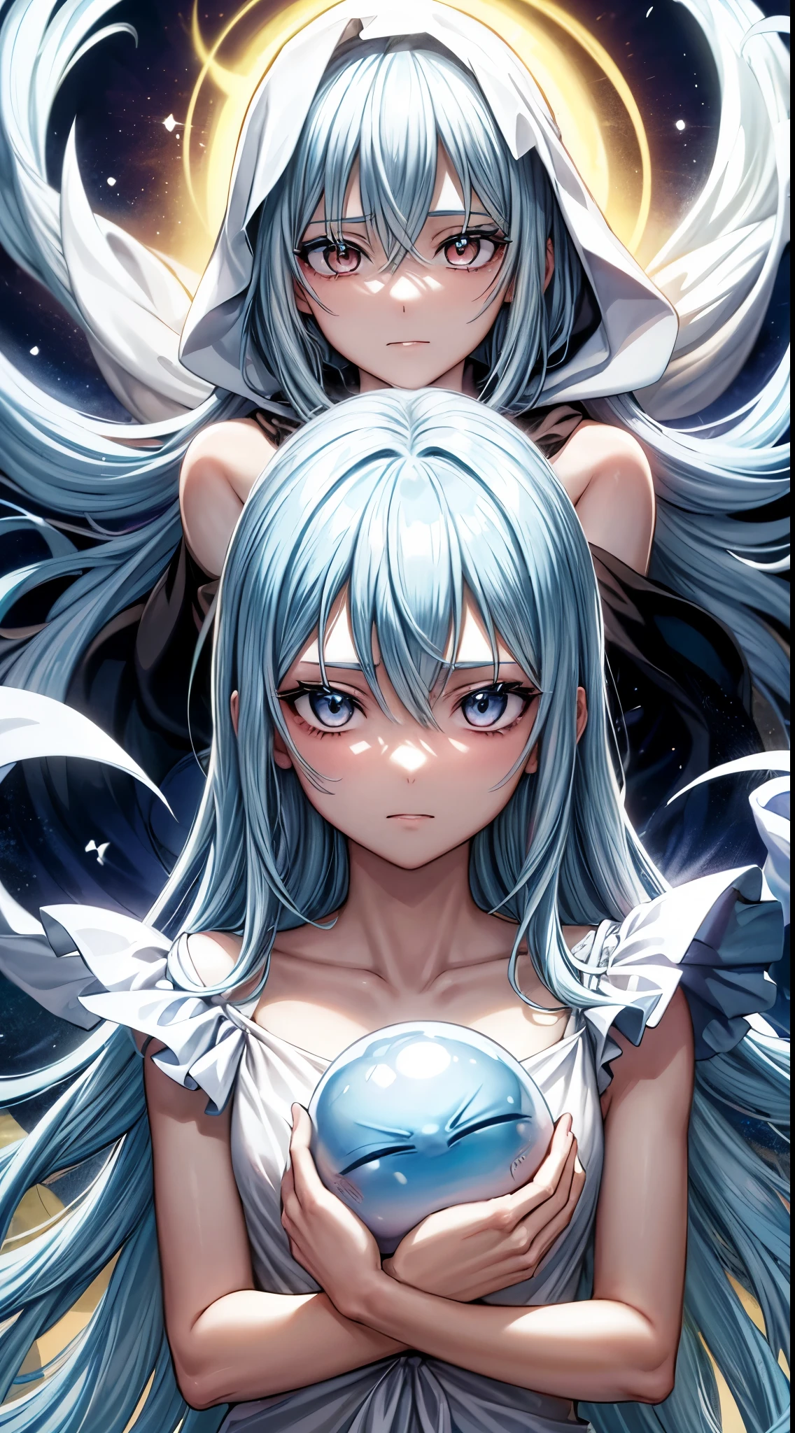 (um personagem de anime tensei shitara slime) Rimuru Tempest, com olhos proeminentes e penetrantes de um {{{vermelho escarlate}}}, who exude an aura of cold determination and a sharp intelligence, The hair is a light celestial blue, fluttering and soft , framing a face with delicate features and a neutral mouth, no trace of smile, reflecting an unshakable personality and indomitable spirit, The white hood that covers the character&#39;s head adds a touch of mystery and nobility., complementing its enigmatic and powerful presence , personagem de corpo inteiro, na floresta, pele branca