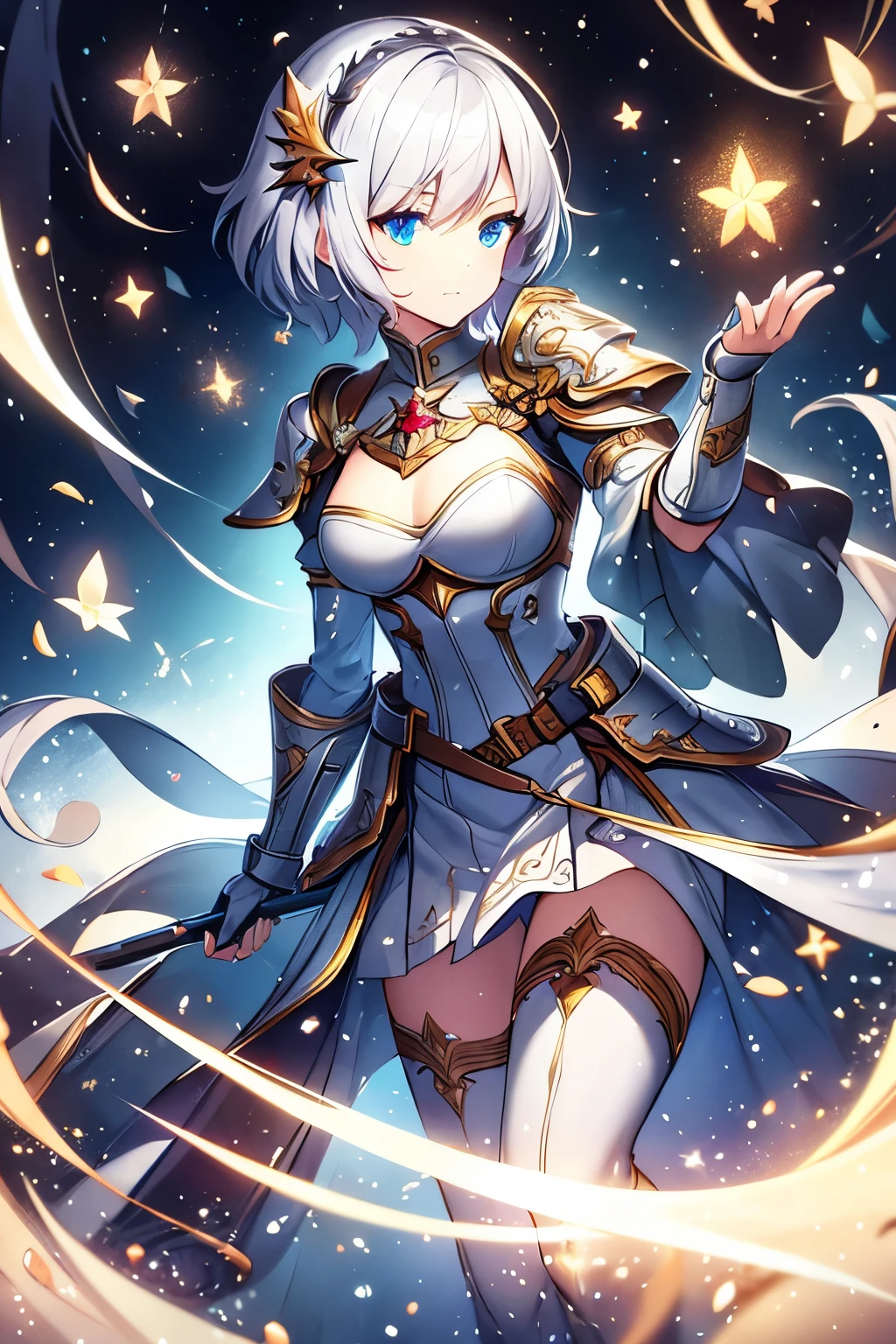 ((masterpiece))), (((best quality))), ((ultra-detailed)), (cinematic lighting), (illustration), (beautiful detailed eyes), (1girl), full body, space, knight, armour, light hair, skirt, walking, Christmas background, best quality, expressive eyes, perfect face, Girl: (20s, white hair, short hair, grey jumpsuit, silver armour),