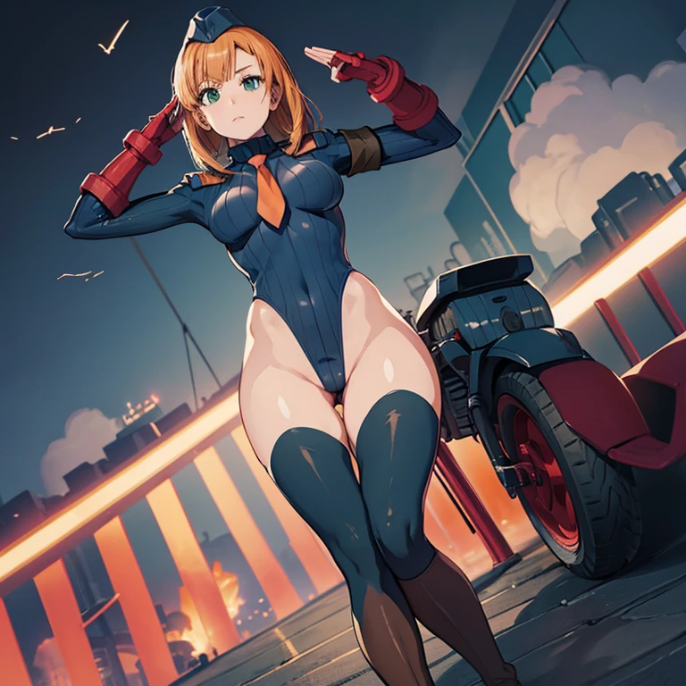 ultra-detailed, Explicit, Beautiful body, Beautiful Nose, Beautiful character design, perfect eyes, perfect face, ultra highres, 4K, beautiful legs, perfect legs, Nice hands, Perfect hand, Masterpiece, Best Quality, Highly detailed, illustration, absurdres, street fighter, doll suit, shadaloo doll, dollsuit, expressionless, blank eyes, looking at viewer, red gloves, emotionless, black latex, corrution, mind control, female combatant, full body, hypnotized, unhappy trance, full body suit, ribbed bodysuit, both arms at side, obey, perfect female body, extremely glossy latex, hypnosis, hypnoLora, empty eyes, Mind control device, poses, submissive_pose, Slave, hat, necktie, stand up straight, standing, standing at attention, hat, necktie, belt, latex, ribbed bodysuit, thighhighs, garter belt, Fighting Stance, extending the right arm from the shoulder into the air with a straightened hand, nazi saluting, military, military saluting, salute, thigh boots, 1girl, Natsukawa Aika, orange hair, green eyes, long hair