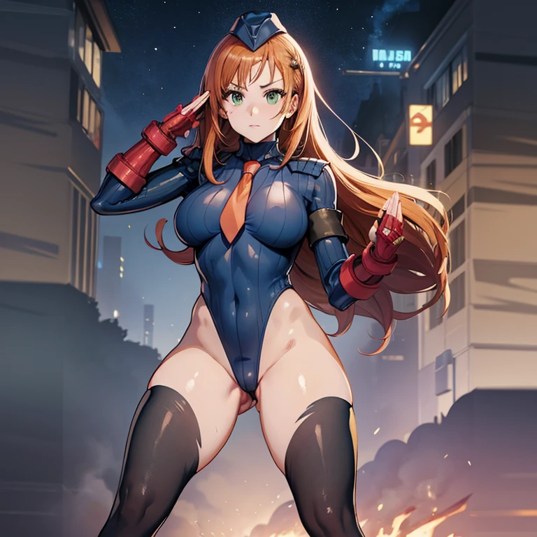 ultra-detailed, Explicit, Beautiful body, Beautiful Nose, Beautiful character design, perfect eyes, perfect face, ultra highres, 4K, beautiful legs, perfect legs, Nice hands, Perfect hand, Masterpiece, Best Quality, Highly detailed, illustration, absurdres, street fighter, doll suit, shadaloo doll, dollsuit, expressionless, blank eyes, looking at viewer, red gloves, emotionless, black latex, corrution, mind control, female combatant, full body, hypnotized, unhappy trance, full body suit, ribbed bodysuit, both arms at side, obey, perfect female body, extremely glossy latex, hypnosis, hypnoLora, empty eyes, Mind control device, poses, submissive_pose, Slave, hat, necktie, stand up straight, standing, standing at attention, hat, necktie, belt, latex, ribbed bodysuit, thighhighs, garter belt, Fighting Stance, extending the right arm from the shoulder into the air with a straightened hand, nazi saluting, military, military saluting, salute, thigh boots, 1girl, Natsukawa Aika, orange hair, green eyes, long hair