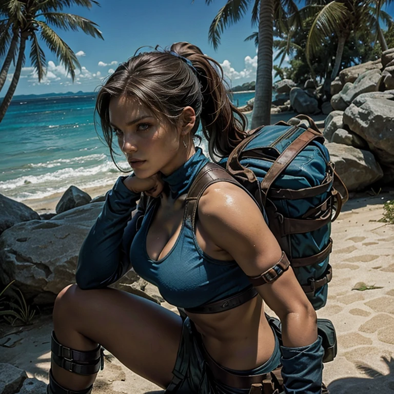 sexy Lara Croft Tomb Raider, exploring ancient ruins. (best quality,ultra-detalhado),Lara Croft,aventureiro,perigoso,young  woman,forte,corajoso,atletic,treasure hunter,destemido,cabelos castanhos longos,vestindo bermuda cargo,Botas de combate, Tampo tanque azul,corajoso e realista,high contrast lighting,paredes de pedra cobertas de musgo,folhagem tropical,vivid colors, Tampo tanque azul, clivagem, peitos grandes, braided ponytail, sozinho, 1young  woman, hands on the sides, pele oleosa, mamilos perky, sexy, malcriado