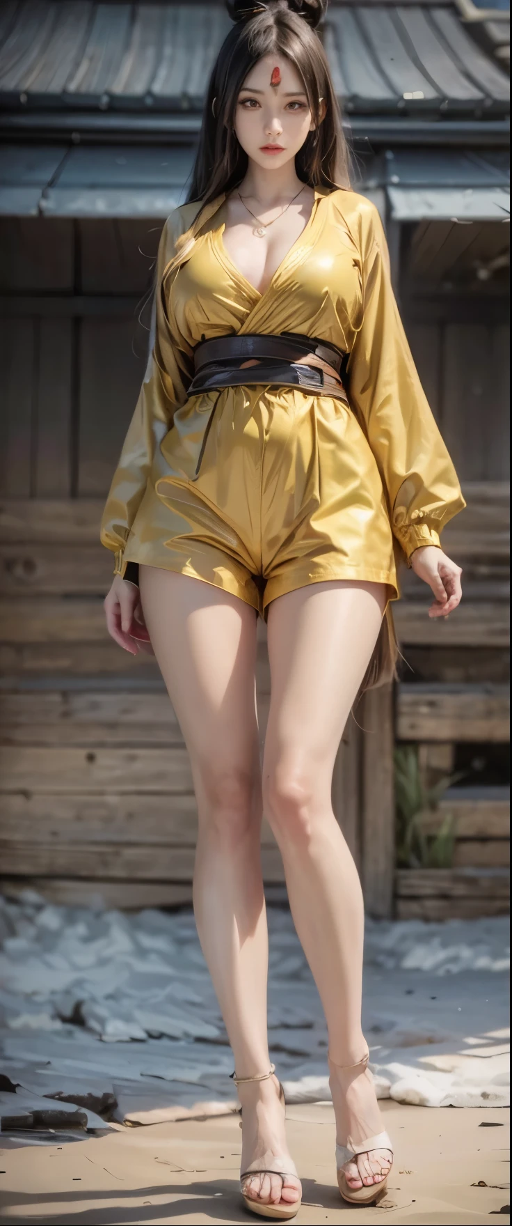 realistic, 1 women, best quality, 12k, HD, long hair, big round breasts, cleavage, ponytail, necklace, jewelry, shorts, short jacket, slim hips, hair tie, yellow eyes, black hair, super detailed, Eye details, hair details, person details, mouth details, face details, breast details, clothes details, hair details, pants details, hand details, whole body