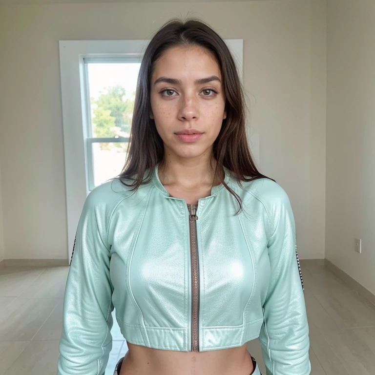 23-year-old hyper-realistic Latin girl with freckles, mood selfie for instagram, Ultra Definition, (photoreallistic: 1.4), 8k, calidad premier, fondos detallados, cara delicada, maquillaje natural, foto raw, iphone, HDR, Coqueteando con el espectador, tight clothes, leather jacket