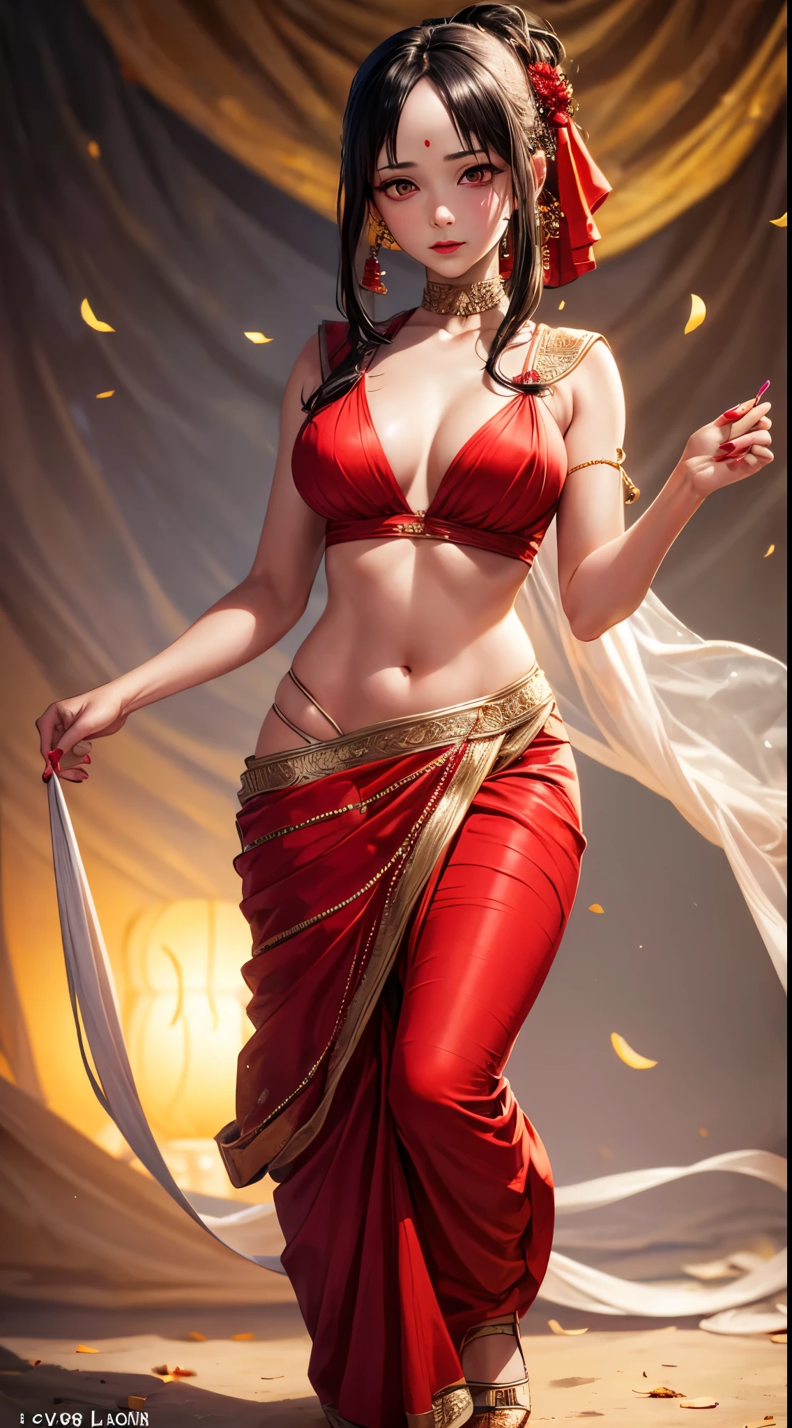 (best quality,4k,highres,masterpiece:1.2),ultra-detailed,(realistic,photorealistic,photo-realistic:1.37),(kaguya from love is war),black hair tied by a red ribbon,medium breast,crimson red eye,red lipstick,makeup,detailed eyes,nail polish,(wearing a saree),portraits,studio lighting,vivid colors,(full body view),(front view)