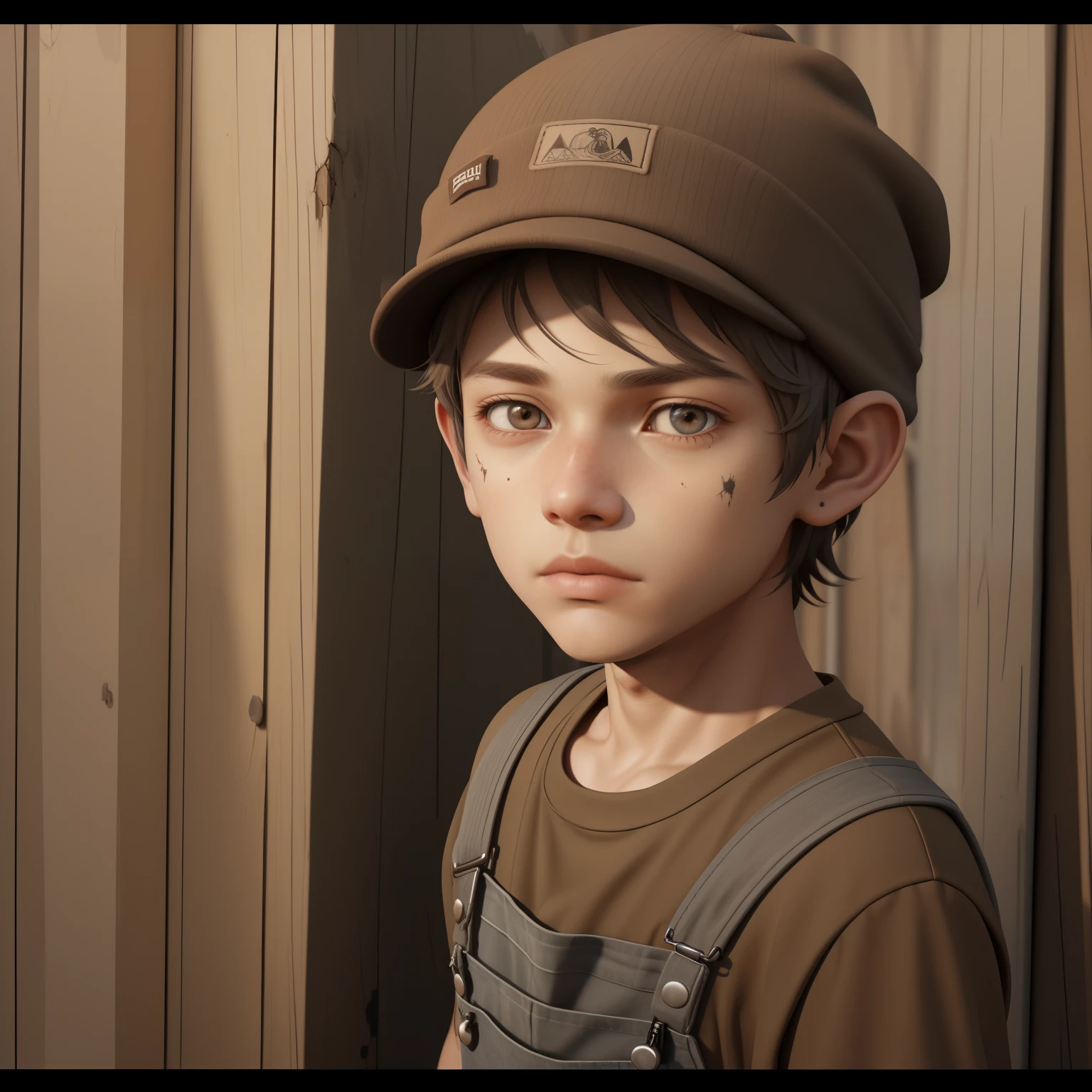 there is a young man wearing a hat and overalls, caracter with brown beanie, matte painting portrait shot, small character. unreal engine 5, character photography, alexey egorov, pouty look :: octane render, rendered art, cool sepia tone colors, promotional still, highly detailed character, editorial photograph, sergey zabelin, inspired by Jean Tabaud, horizontal scar going across his nose, messy hair, masculine