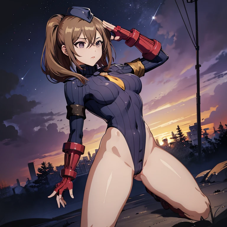 ultra-detailed, Explicit, Beautiful body, Beautiful Nose, Beautiful character design, perfect eyes, perfect face, ultra highres, 4K, beautiful legs, perfect legs, Nice hands, Perfect hand, Masterpiece, Best Quality, Highly detailed, illustration, absurdres, street fighter, doll suit, shadaloo doll, dollsuit, expressionless, blank eyes, looking at viewer, red gloves, emotionless, black latex, corrution, mind control, female combatant, full body, hypnotized, unhappy trance, full body suit, ribbed bodysuit, both arms at side, obey, perfect female body, extremely glossy latex, hypnosis, hypnoLora, empty eyes, Mind control device, poses, submissive_pose, Slave, hat, necktie, stand up straight, standing, standing at attention, hat, necktie, belt, latex, ribbed bodysuit, thighhighs, garter belt, Fighting Stance, extending the right arm from the shoulder into the air with a straightened hand, nazi saluting, military, military saluting, salute, thigh boots, 1girl, Large breat, Shiori Katase, Uchi no Kaisha no Chiisai Senpai no Hanashi, brown hair, purple eyes, long hair
