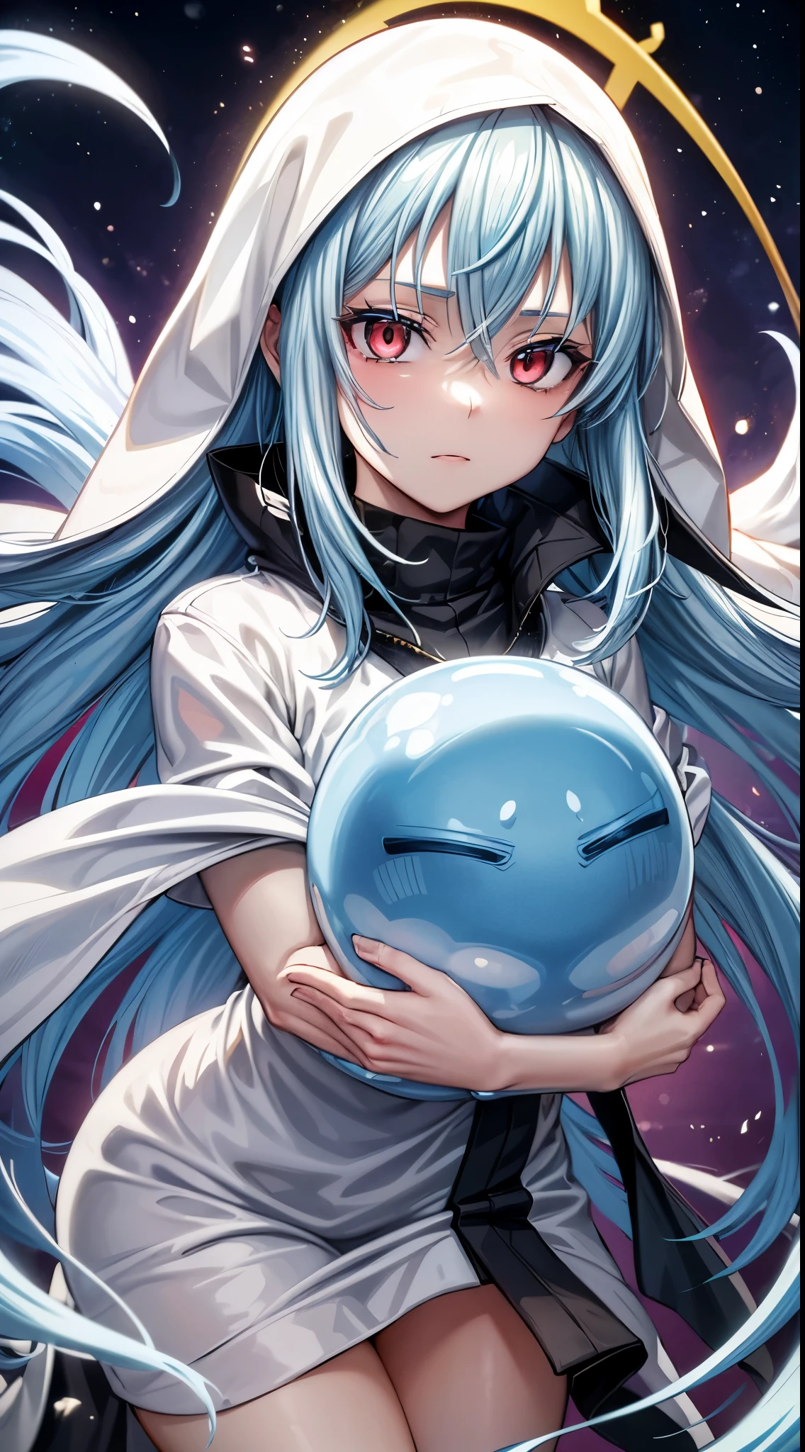 (um personagem de anime tensei shitara slime) Rimuru Tempest, com olhos proeminentes e penetrantes de um {{{vermelho escarlate}}}, who exude an aura of cold determination and a sharp intelligence, The hair is a light celestial blue, fluttering and soft , framing a face with delicate features and a neutral mouth, no trace of smile, reflecting an unshakable personality and indomitable spirit, The white hood that covers the character&#39;s head adds a touch of mystery and nobility., complementing its enigmatic and powerful presence , personagem de corpo inteiro, na floresta, pele branca