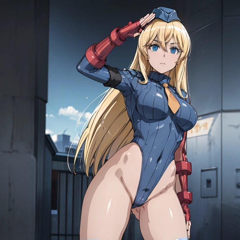 ultra-detailed, Explicit, Beautiful body, Beautiful Nose, Beautiful character design, perfect eyes, perfect face, ultra highres, 4K, beautiful legs, perfect legs, Nice hands, Perfect hand, Masterpiece, Best Quality, Highly detailed, illustration, absurdres, street fighter, doll suit, shadaloo doll, dollsuit, expressionless, blank eyes, looking at viewer, red gloves, emotionless, black latex, corrution, mind control, female combatant, full body, hypnotized, unhappy trance, full body suit, ribbed bodysuit, both arms at side, obey, perfect female body, extremely glossy latex, hypnosis, hypnoLora, empty eyes, Mind control device, poses, submissive_pose, Slave, hat, necktie, stand up straight, standing, standing at attention, hat, necktie, belt, latex, ribbed bodysuit, thighhighs, garter belt, Fighting Stance, extending the right arm from the shoulder into the air with a straightened hand, nazi saluting, military, military saluting, salute, thigh boots, 1girl, Emilia, Houkago Saikoro Club, blonde hair, blue eyes, red ribbon, long hair