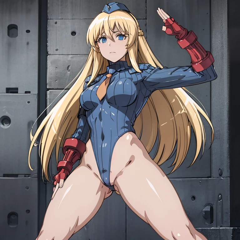 ultra-detailed, Explicit, Beautiful body, Beautiful Nose, Beautiful character design, perfect eyes, perfect face, ultra highres, 4K, beautiful legs, perfect legs, Nice hands, Perfect hand, Masterpiece, Best Quality, Highly detailed, illustration, absurdres, street fighter, doll suit, shadaloo doll, dollsuit, expressionless, blank eyes, looking at viewer, red gloves, emotionless, black latex, corrution, mind control, female combatant, full body, hypnotized, unhappy trance, full body suit, ribbed bodysuit, both arms at side, obey, perfect female body, extremely glossy latex, hypnosis, hypnoLora, empty eyes, Mind control device, poses, submissive_pose, Slave, hat, necktie, stand up straight, standing, standing at attention, hat, necktie, belt, latex, ribbed bodysuit, thighhighs, garter belt, Fighting Stance, extending the right arm from the shoulder into the air with a straightened hand, nazi saluting, military, military saluting, salute, thigh boots, 1girl, Emilia, Houkago Saikoro Club, blonde hair, blue eyes, red ribbon, long hair