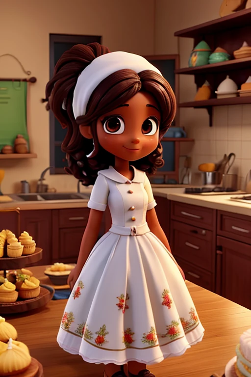 criar uma personagem de desenho confeiteira morena escura, com cabelo enrolado preto, na cozinha branca toda decorada de natal. And what this baker does is homemade cakes