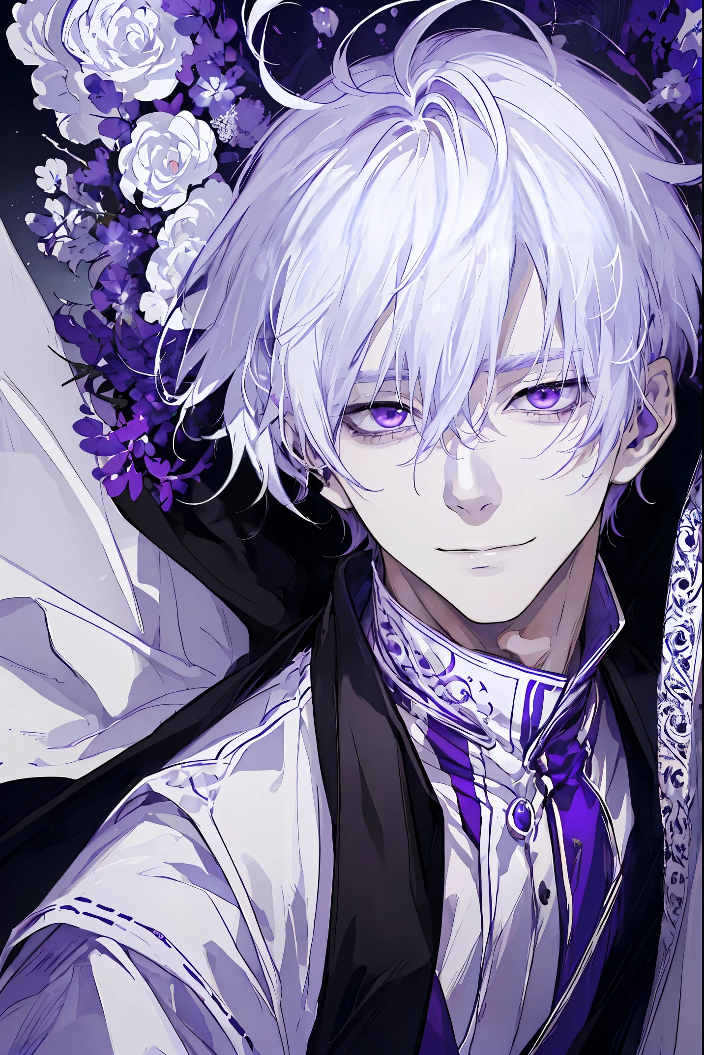 1guy、white haired、purple-white eyes、maniacal smile、Short Messy Hair、Portrait 、a handsome, black cloak, I can'I can'I can't see my hand