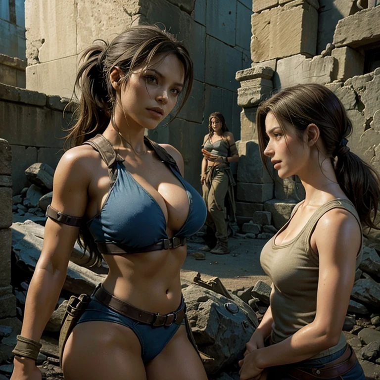 sexy Lara Croft Tomb Raider, exploring ancient ruins. (best quality,ultra-detalhado),Lara Croft,aventureiro,perigoso,young woman,forte,corajoso,atletic,treasure hunter,destemido,cabelos castanhos longos,vestindo bermuda cargo,Botas de combate, Tampo tanque vermelho,corajoso e realista,high contrast lighting,paredes de pedra cobertas de musgo,folhagem tropical,vivid colors, Tampo tanque azul, clivagem, peitos grandes, braided ponytail, sozinho, ung woman, hands on the sides, pele oleosa, mamilos perky, sexy, malcriado