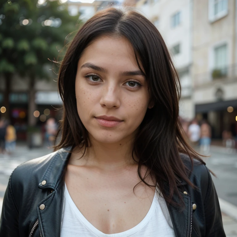 23-year-old hyper-realistic Latin girl with freckles, mood selfie for instagram, Ultra Definition, (photoreallistic: 1.4), 8k, calidad premier, fondos detallados, cara delicada, maquillaje natural, foto raw, iphone, HDR, Coqueteando con el espectador, en la ciudad, cabello recogido hecho cola, Hands back, pose natural, with leather jacket, skyfall
