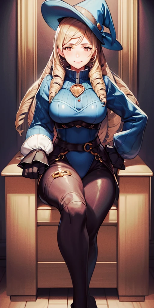 (4k, Prominence in Masterpiece, High Quality, Best Quality: 1.2) full body, 1  female, solo, 1 girl, lustful smirking smile blush, looking at viewer, sitting on chair with legs crossed, big black thighs stocking, big breasts (cover with blue) ((SFW)), hands on hips, wide hips, blonde long hair, blonde drill hair, blonde twin drills hair, blue wizard hat, Handcuffs on their hands, With a collar around the neck