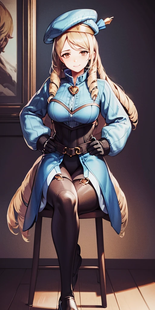 (4k, Prominence in Masterpiece, High Quality, Best Quality: 1.2) full body, 1 child female, solo, 1 girl, lustful smirking smile blush, looking at viewer, sitting on chair with legs crossed, big black thighs stocking, big breasts (cover with blue) ((SFW)), hands on hips, wide hips, blonde long hair, blonde drill hair, blonde twin drills hair, blue wizard hat, Handcuffs on their hands, With a collar around the neck