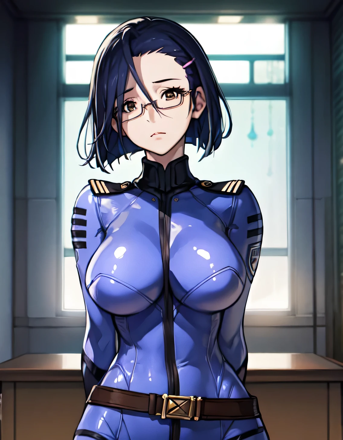 niimi kaoru,deadpan,Closed mouth,hair clips,Glasses,body suit,光沢のあるbody suit,uniform,Belt bag,Huge breasts,Looking at Viewer,Standing,((masutepiece)),((Best Quality)),Perfect Anatomy,8K UHD,extra detailed face,gloss and shiny,((1girl in)),((Solo)),Brown eyes,image perfect,(Upper body:1.1),(Look at the front:1.1),arms behind back,Slim waist,Shiny hair,Bedroom,Beautiful detailed eyes,