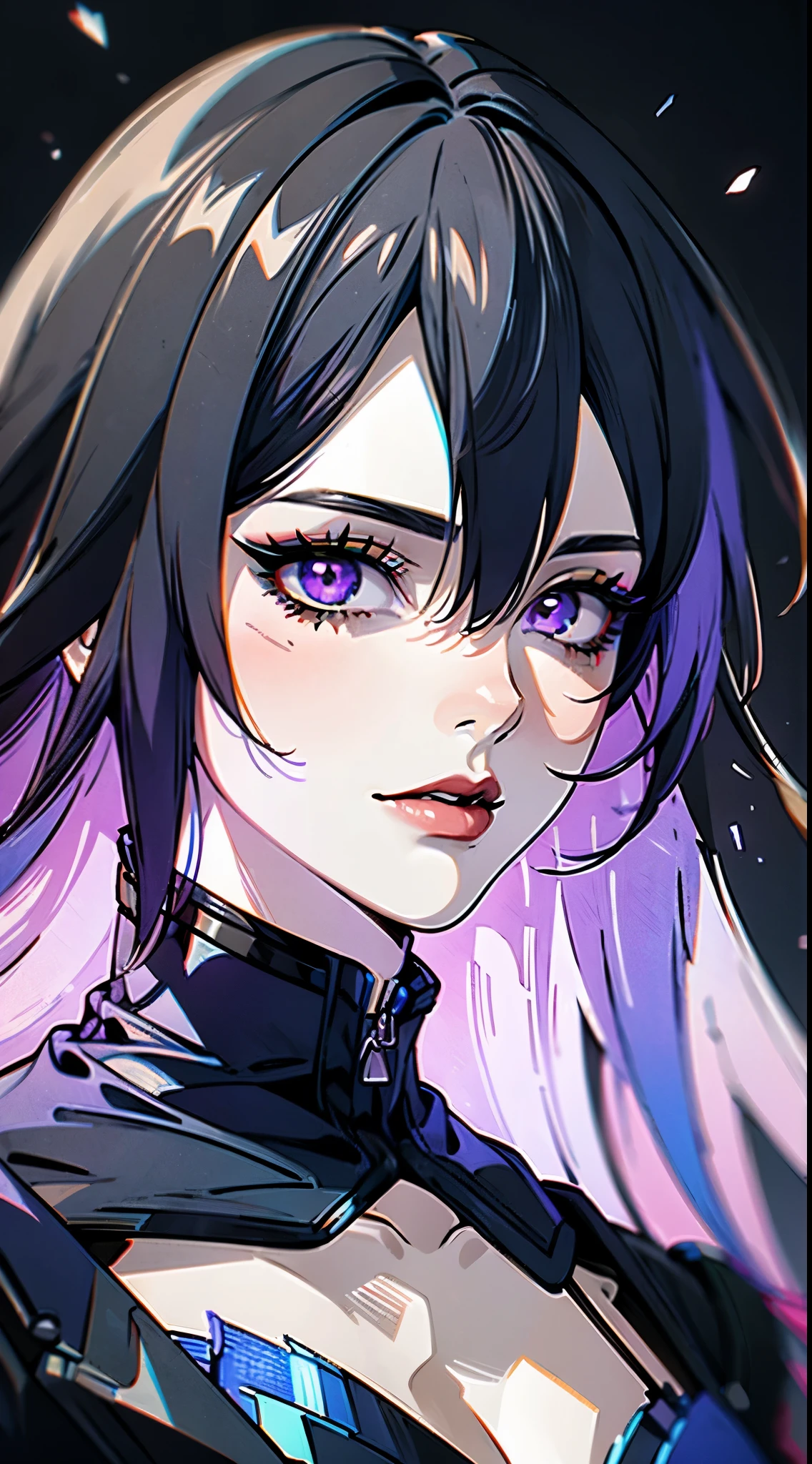 (close-up), portrait, portrait, (solo), 1girl, (close up face, masterpiece, best quality:1.2), 8k, official art, absurdres, gothic, (smokey purple eye shadow with glitter, glazed pinkish red lips:1.1), (very dark black background:1.4), HDR, facelight, ultra realistic, highres, photography, cleavage, film grain, chromatic aberration, sharp focus, HDR, facelight, dynamic lighting, cinematic lighting, professional shadow, dark shadow, highest detailed, extreme detailed, ultra detailed, finely detail, real skin, delicate facial features, detailed face and eyes, sharp pupils, xier, night time, dark, woman, small breasts, long hair, high contrast, psychedelic, [[[lsd]]],  purple, particles, bloom, neon lighting, (glow), flat color, splashes of color, colors mashing