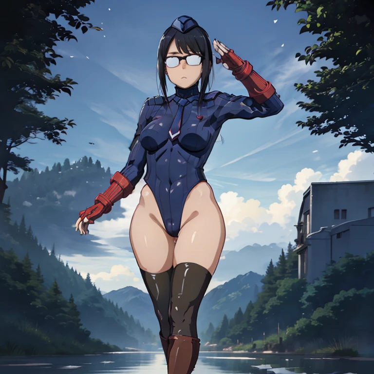 ultra-detailed, Explicit, Beautiful body, Beautiful Nose, Beautiful character design, perfect eyes, perfect face, ultra highres, 4K, beautiful legs, perfect legs, Nice hands, Perfect hand, Masterpiece, Best Quality, Highly detailed, illustration, absurdres, street fighter, doll suit, shadaloo doll, dollsuit, expressionless, blank eyes, looking at viewer, red gloves, emotionless, black latex, corrution, mind control, female combatant, full body, hypnotized, unhappy trance, full body suit, ribbed bodysuit, both arms at side, obey, perfect female body, extremely glossy latex, hypnosis, hypnoLora, empty eyes, Mind control device, poses, submissive_pose, Slave, hat, necktie, stand up straight, standing, standing at attention, hat, necktie, belt, latex, ribbed bodysuit, thighhighs, garter belt, Fighting Stance, extending the right arm from the shoulder into the air with a straightened hand, nazi saluting, military, military saluting, salute, thigh boots, 1girl, Oono Makoto, Houkago Teibou Nisshi, long hair, black hair, glasses
