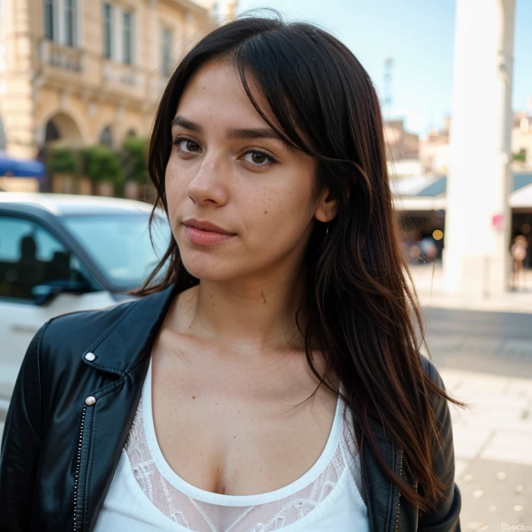 23-year-old hyper-realistic Latin girl with freckles, mood selfie for instagram, Ultra Definition, (photoreallistic: 1.4), 8k, calidad premier, fondos detallados, cara delicada, maquillaje natural, foto raw, iphone, HDR, Coqueteando con el espectador, en la ciudad, cabello recogido hecho cola, Hands back, pose natural, with jacket, skyfall