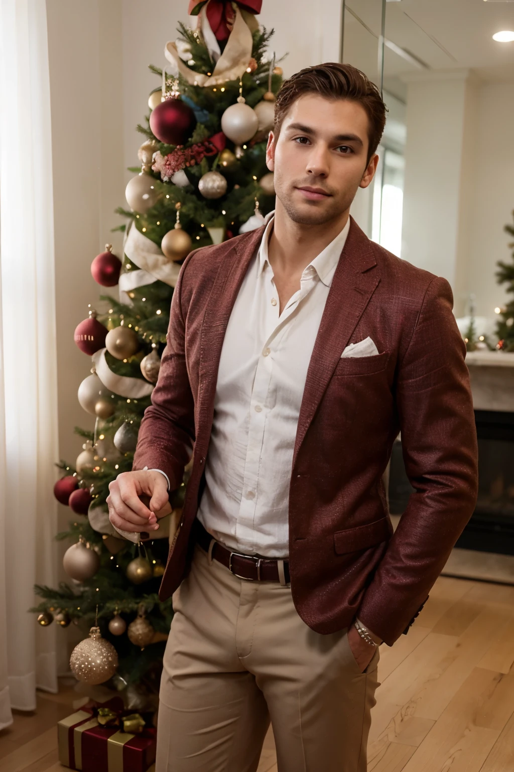 Picture a tall man with an attractive physique, elegantly dressed, next to the Christmas tree. His well-groomed stature exudes style, creating a festive and captivating atmosphere.
