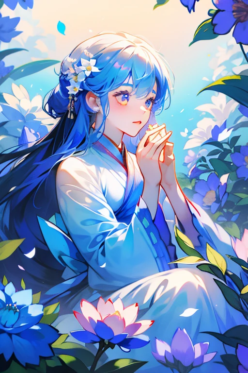 The girl in Hanfu sits among the flowers，Keep your hands together，DOA，Flower butterflies fly，blue colors，a sense of atmosphere，gentleness
