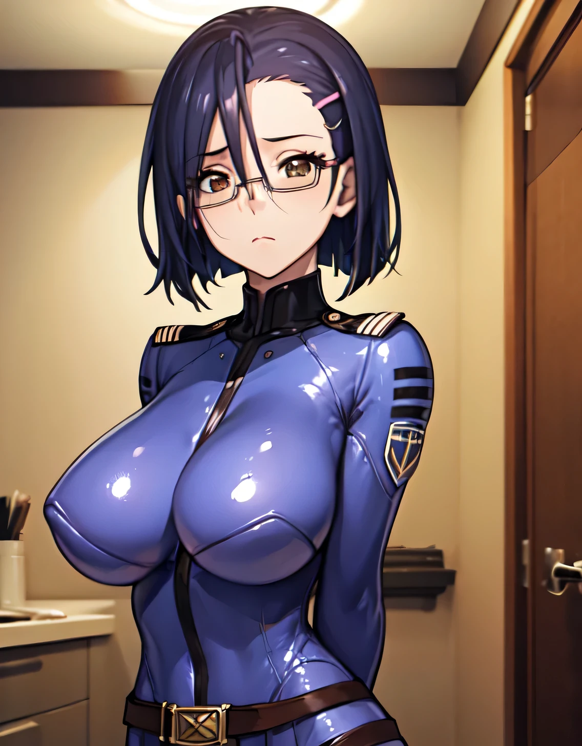 niimi kaoru,deadpan,Closed mouth,hair clips,Glasses,body suit,光沢のあるbody suit,uniform,Belt bag,Huge breasts,Looking at Viewer,Standing,((masutepiece)),((Best Quality)),Perfect Anatomy,8K UHD,extra detailed face,gloss and shiny,((1girl in)),((Solo)),Brown eyes,image perfect,(Upper body:1.1),(Look at the front:1.1),arms behind back,Slim waist,Shiny hair,Bedroom,Beautiful detailed eyes,