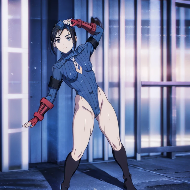 ultra-detailed, Explicit, Beautiful body, Beautiful Nose, Beautiful character design, perfect eyes, perfect face, ultra highres, 4K, beautiful legs, perfect legs, Nice hands, Perfect hand, Masterpiece, Best Quality, Highly detailed, illustration, absurdres, street fighter, doll suit, shadaloo doll, dollsuit, expressionless, blank eyes, looking at viewer, red gloves, emotionless, black latex, corrution, mind control, female combatant, full body, hypnotized, unhappy trance, full body suit, ribbed bodysuit, both arms at side, obey, perfect female body, extremely glossy latex, hypnosis, hypnoLora, empty eyes, Mind control device, poses, submissive_pose, Slave, hat, necktie, stand up straight, standing, standing at attention, hat, necktie, belt, latex, ribbed bodysuit, thighhighs, garter belt, Fighting Stance, extending the right arm from the shoulder into the air with a straightened hand, nazi saluting, military, military saluting, salute, thigh boots, 1girl, Isaki Magari, Insomniacs after school, black hair, ponytail, medium hair, blue eyes