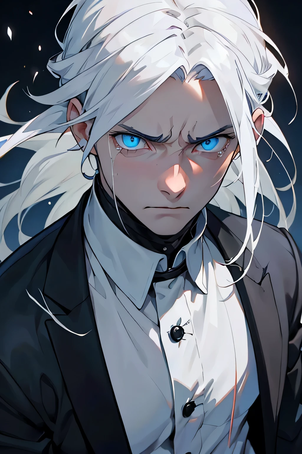 Make a very handsome man, jovem, fino, pale, longos cabelos brancos, olhos azuis. vestindo roupas pretas. Standing. Na calada da noite.
Olhos arregalados de espanto, despair and tears streaming from the eyes. Expression of astonishment and surprise. Gritando.