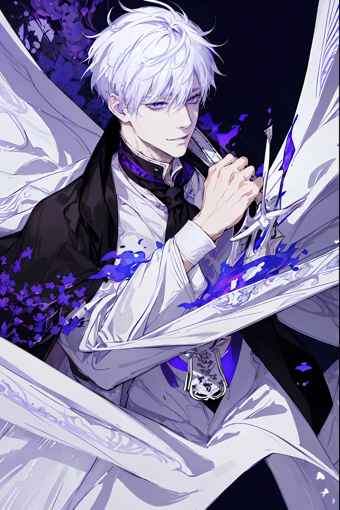 1guy、white haired、purple-white eyes、maniacal smile、Short Messy Hair、Portrait 、a handsome, black cloak, I can&#39;I can&#39;I can&#39;I can&#39;t see my hand