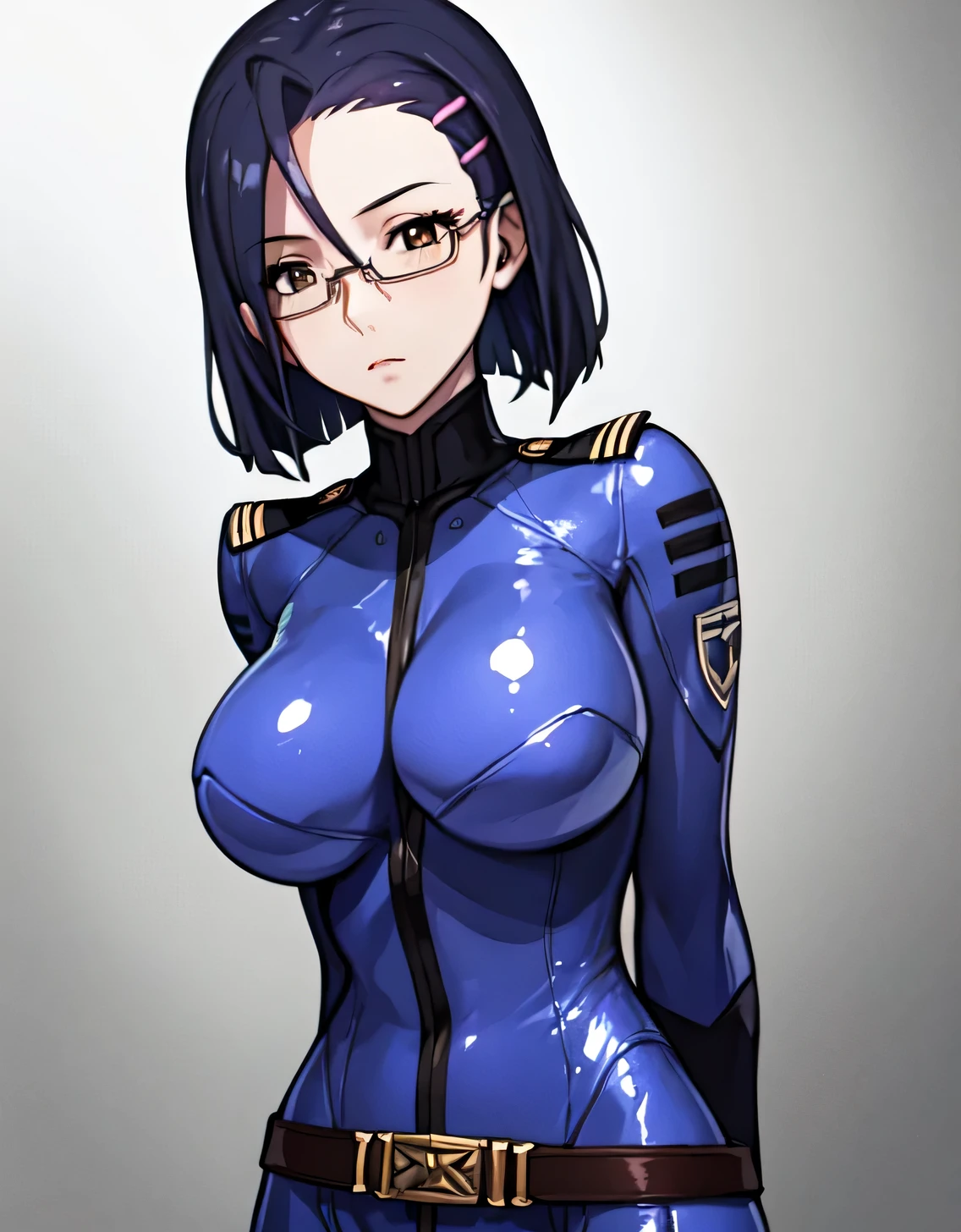 niimi kaoru,deadpan,Closed mouth,hair clips,Glasses,body suit,光沢のあるbody suit,uniform,Belt bag,Huge breasts,Looking at Viewer,Standing,((masutepiece)),((Best Quality)),Perfect Anatomy,8K UHD,extra detailed face,gloss and shiny,((1girl in)),((Solo)),Brown eyes,image perfect,(Upper body:1.1),(Look at the front:1.1),arms behind back,Slim waist,Shiny hair,Bedroom,Beautiful detailed eyes,