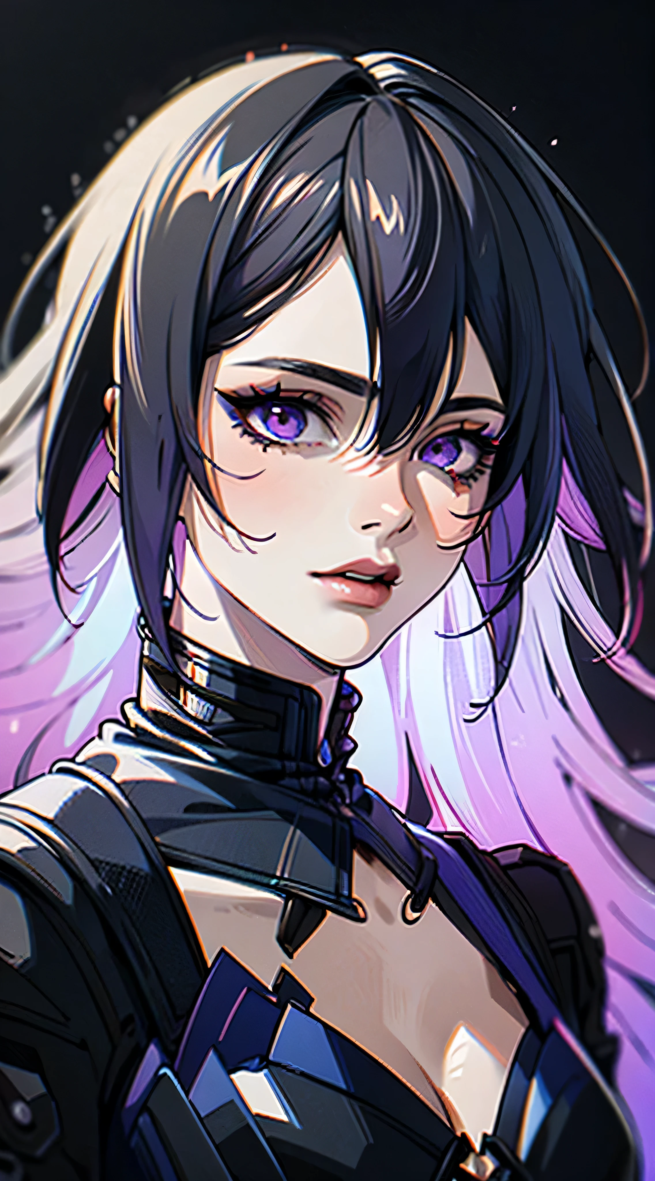 (close-up), portrait, portrait, (solo), 1girl, (close up face, masterpiece, best quality:1.2), 8k, official art, absurdres, gothic, (smokey purple eye shadow with glitter, glazed pinkish red lips:1.1), (very dark black background:1.4), HDR, facelight, ultra realistic, highres, photography, cleavage, film grain, chromatic aberration, sharp focus, HDR, facelight, dynamic lighting, cinematic lighting, professional shadow, dark shadow, highest detailed, extreme detailed, ultra detailed, finely detail, real skin, delicate facial features, detailed face and eyes, sharp pupils, xier, night time, dark, woman, small breasts, long hair, high contrast, psychedelic, [[[lsd]]],  purple, particles, bloom, neon lighting, (glow), flat color, splashes of color, colors mashing