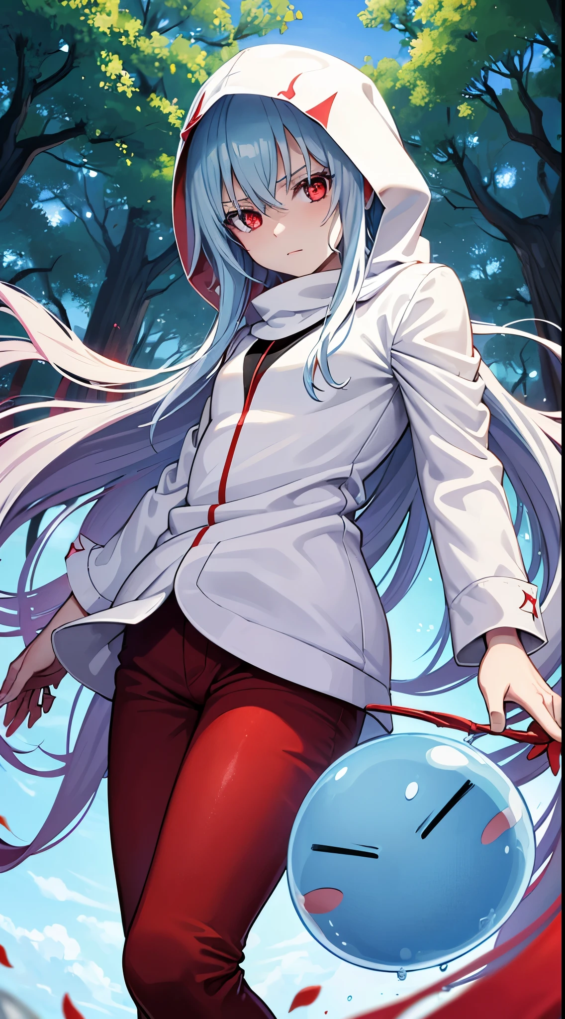 (an adult tensei shitara slime anime character) Rimuru Tempest, with prominent and piercing eyes of a (((scarlet red))), which exude an aura of cold determination and a sharp intelligence, The hair is a light celestial blue , flowing and smooth, framing a face with delicate features and a neutral mouth, without a trace of a smile, reflecting an unshakable personality and an indomitable spirit, The white hood that covers the character's head adds a touch of mystery and nobility, complementing the its enigmatic and powerful presence, full-length character, in the forest, white skin