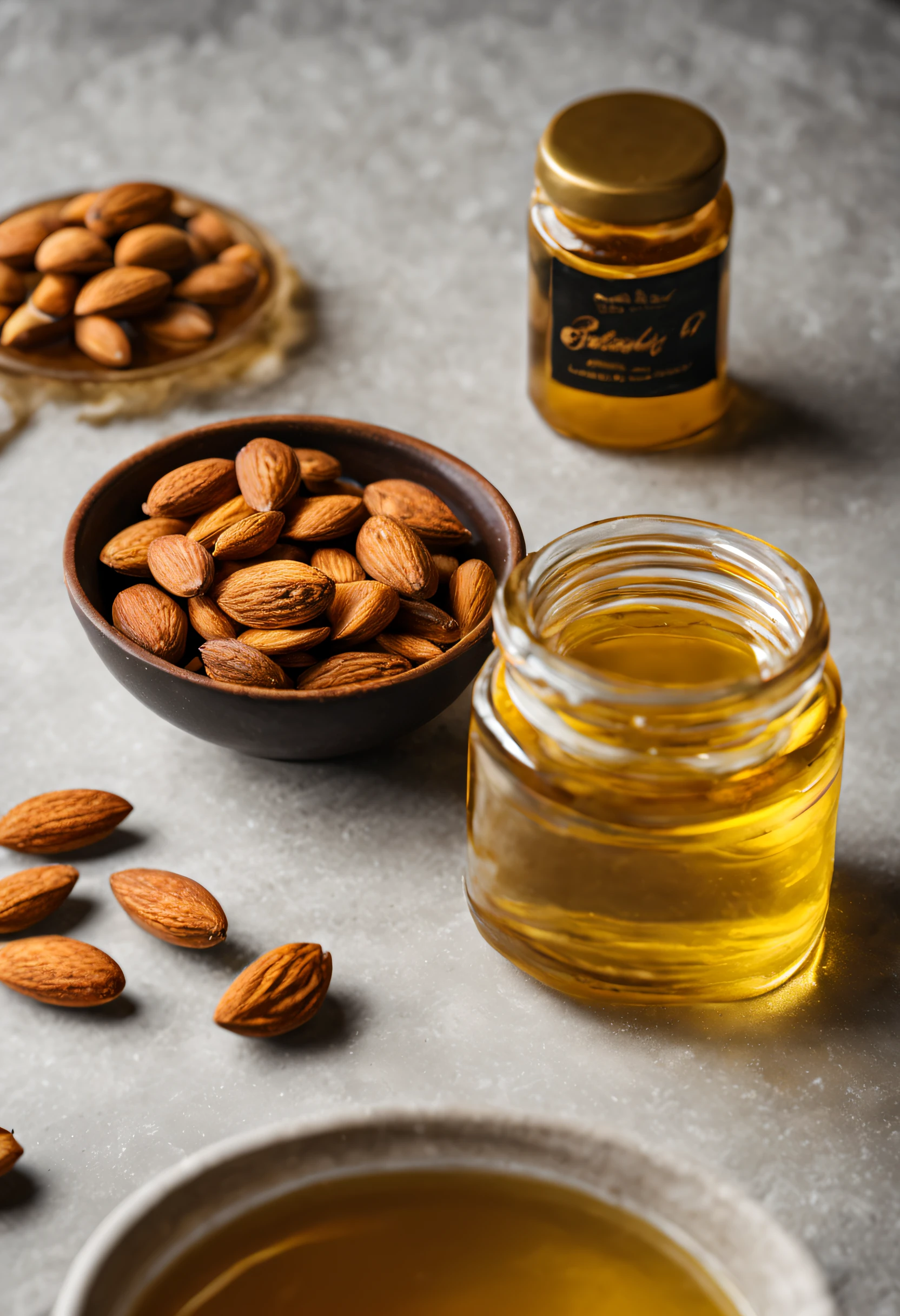 A bowl of Almonds with a golden oil dripping and alongside kept there is a jar of golden honey with bees