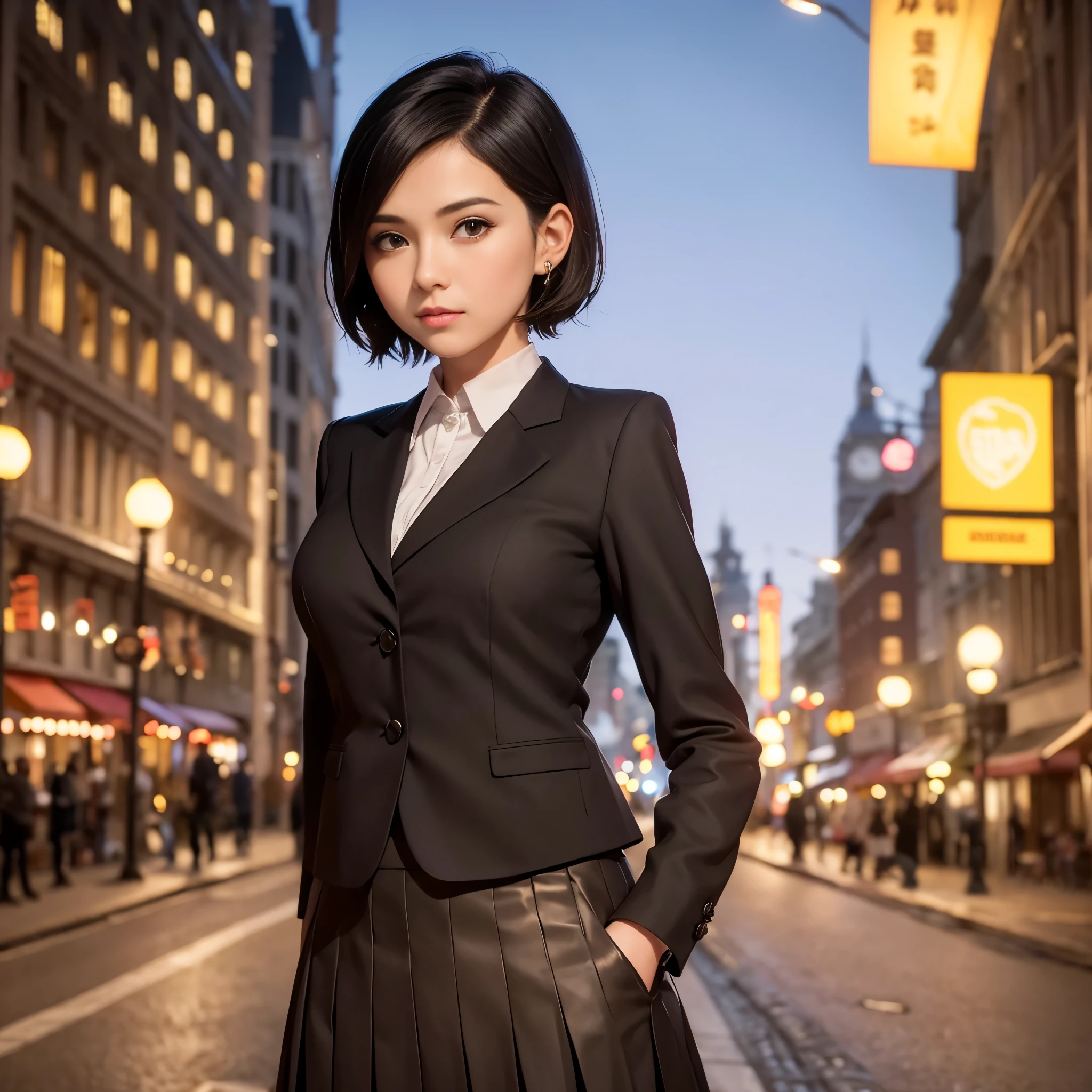 cute young Woman, short black Hair, Brown Eyes, Empress,pleated skirt suit,street lamps,neons,bustling street background,(navel:1.1,princess eyes), Nobility, Royalty, High Quality, Masterpiece, Highly Detailed