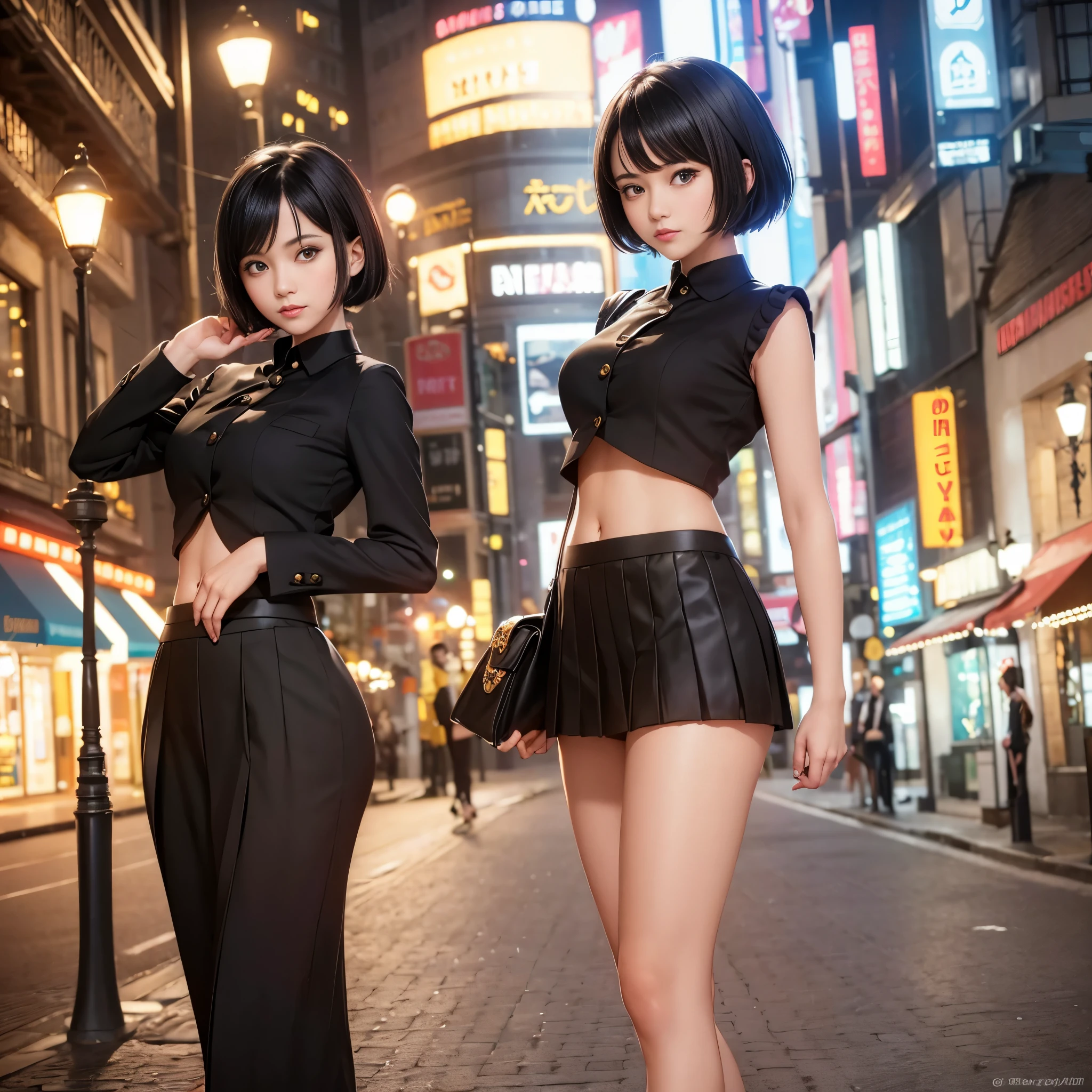 cute young Woman, short black Hair, Brown Eyes, Empress,pleated skirt suit,street lamps,neons,bustling street background,(navel:1.1,princess eyes), Nobility, Royalty, High Quality, Masterpiece, Highly Detailed